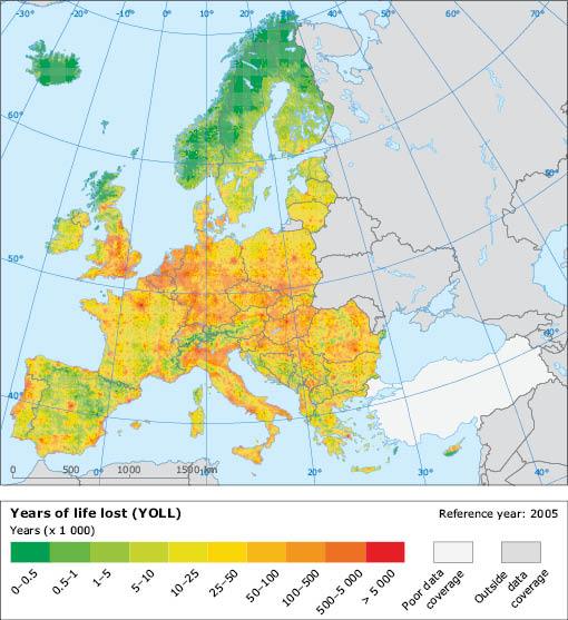 Geschatte jaar het leven verloren van langdurige blootstelling PM2.5 in Europa