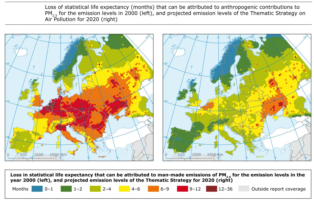 dzīve zaudējis no cilvēka veikti PM2.5 Eiropā 2000 un 2020