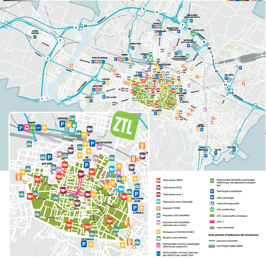 bologna kartta Bologna yhdistää rajoitetun liikenteen alueen (ZTL 